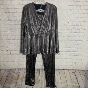 Silver Black Metallic Dotted Speckle Two Piece Ruffle Outfit Suit X-Large